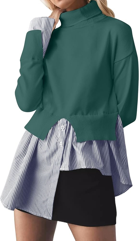 MISSACTIVER Women Slit Turtleneck Patchwork Sweater 2 in 1 Buttons Down Pullover Knit Sweater Asy... | Amazon (US)