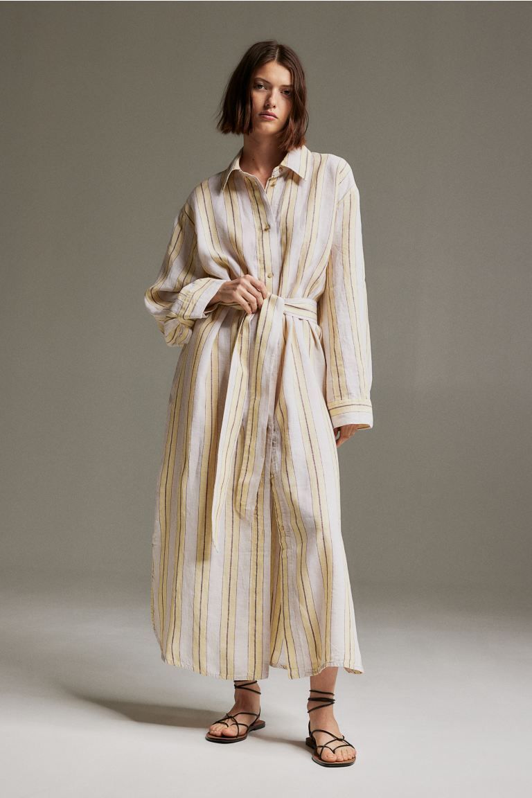 Linen Shirt Dress - Pale yellow/striped - Ladies | H&M US | H&M (US)