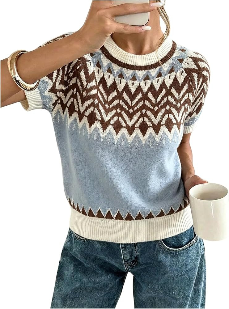 WDIRARA Women's Geometric Fair Isle Sweaters Short Sleeve Crew Neck Lightweight Sweater Knit Tops | Amazon (US)