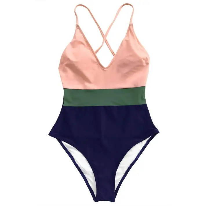 Cupshe Women's Triple Color Block V Neck One Piece Swimsuit Cross Back Swimsuit Pink, M, Back cri... | Walmart (US)