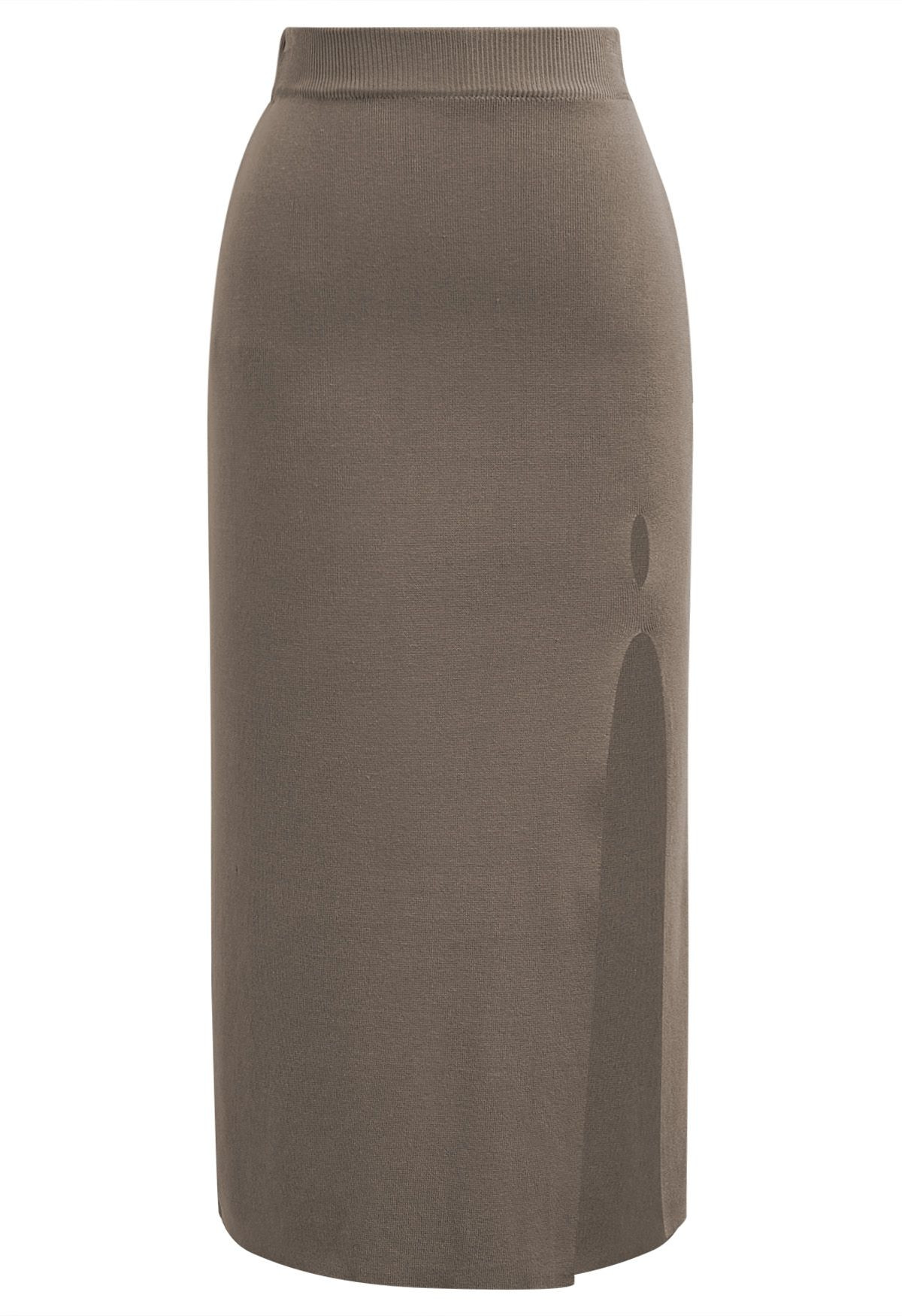 Cut Out Side Slit Knit Midi Skirt in Taupe | Chicwish