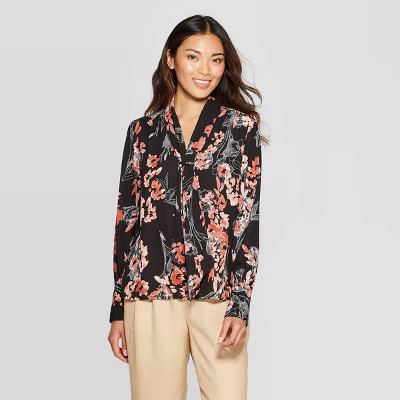 Women's Floral Print Regular Fit Long Sleeve V-Neck Chiffon Blouse - A New Day™ Black | Target