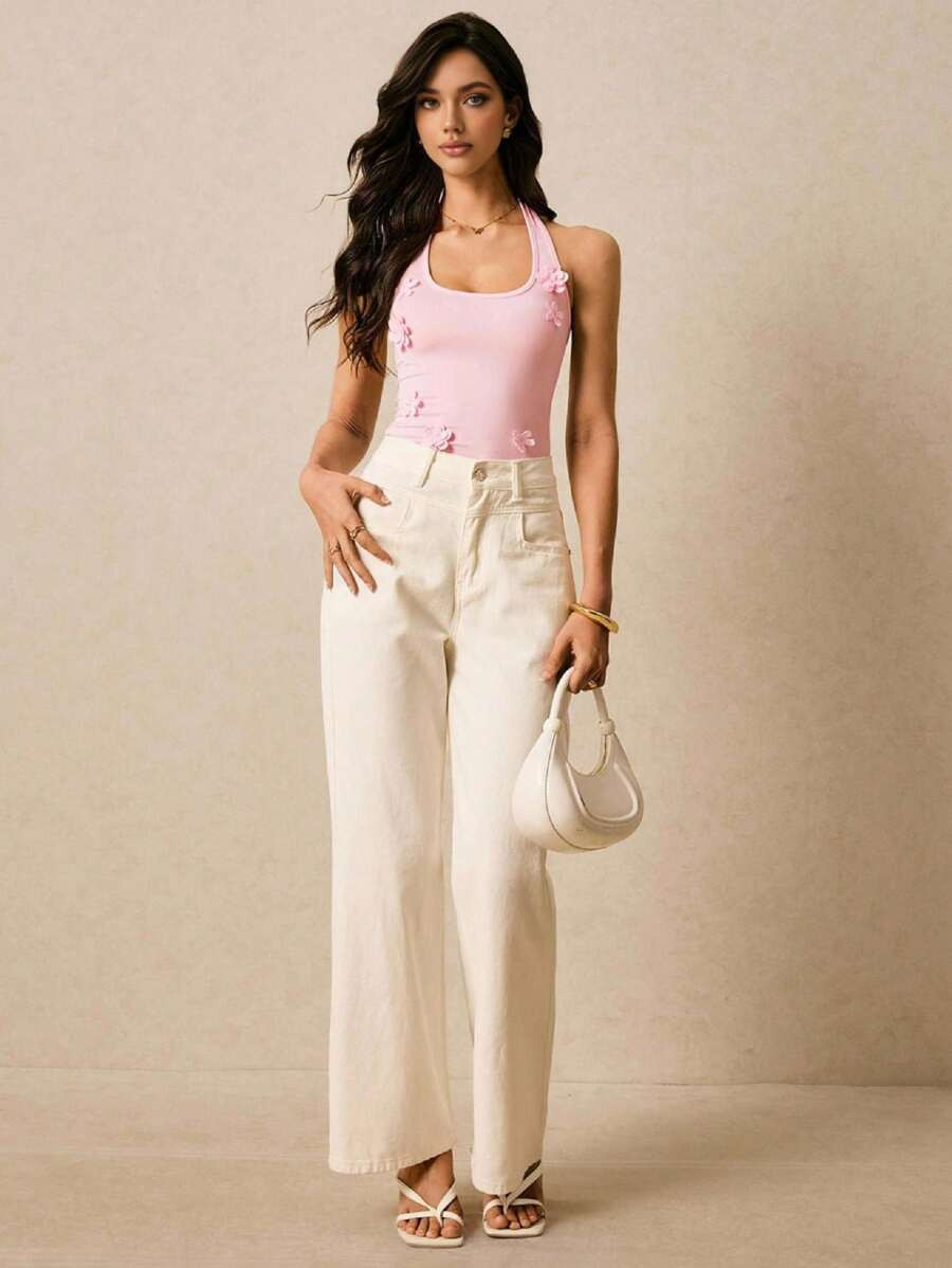 Poéselle Women's Floral Decor Form-Fitting Solid Color Halter Neck Tank Top, Summer,Cute Summer ... | SHEIN