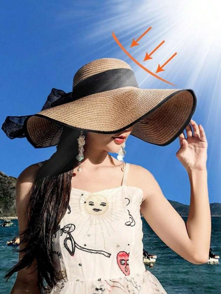 1pc Women Contrast Binding Big Brim Foldable Sun Protection Boho Straw Hat For Summer
       
   ... | SHEIN
