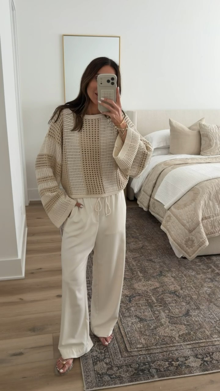 Spring neutral outfit, crochet sweater, elaveted summer outfit, relaxed pants, pull on pants, annabrstyle

#LTKootd