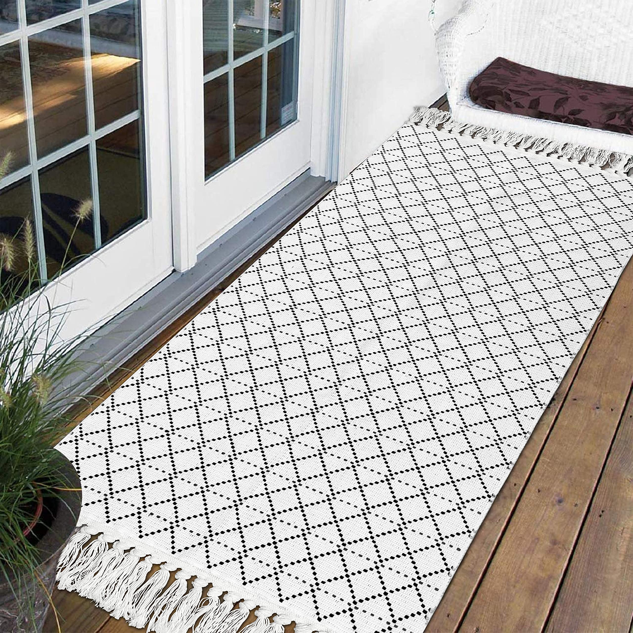 Upgraded Boho Bathroom Rug 2'x4.3', Boho Runner Rug Cream Diamond Boho Bath Mat, 100% Woven Washa... | Amazon (US)