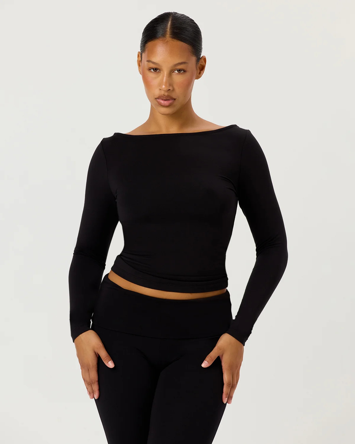 Boat Neck Long Sleeve Top | Black | Crop Shop Boutique US