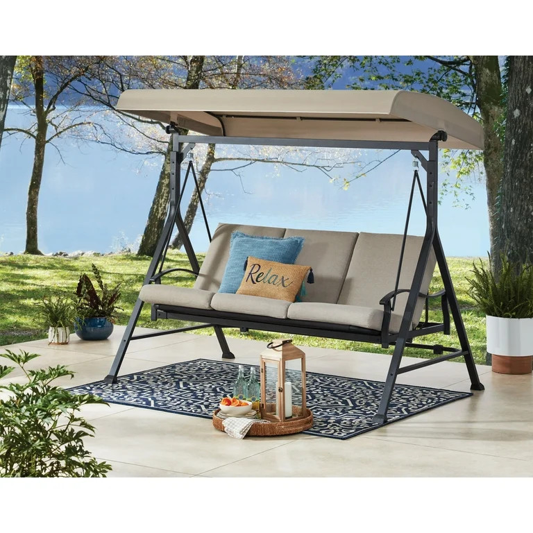 Mainstays Belden Park 3 Person Convertible Daybed Outdoor Steel Porch Swing with Canopy - Beige | Walmart (US)
