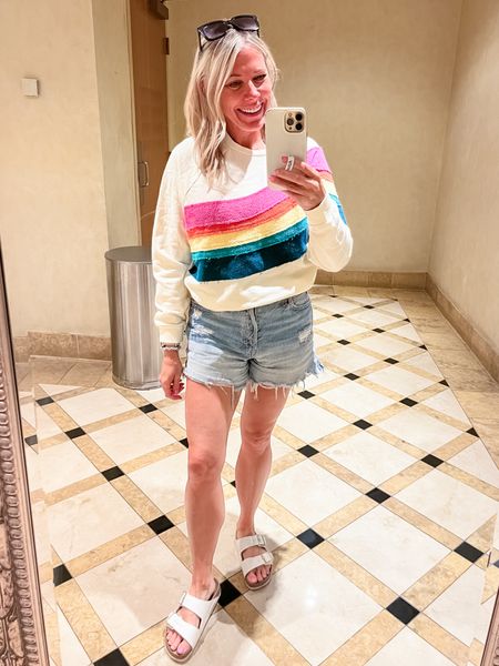 Love this terry rainbow wave sweatshirt with jean shorts, Birkenstocks and sunglasses. Size medium sweatshirt. I sized up one bc it runs small  

#LTKSeasonal #LTKover40 #LTKstyletip