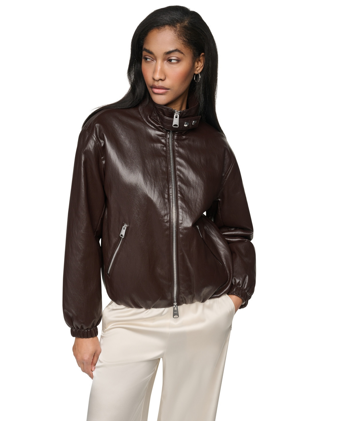 Dkny Women's Bubble Hem Moto Jacket - Dark Brown | Macy's