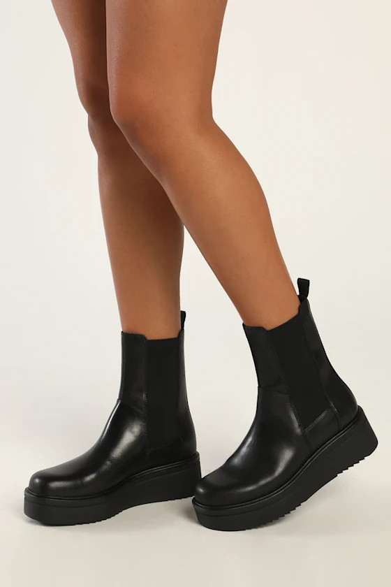 Tara Black Leather Flatform Mid-Calf Boots | Lulus (US)