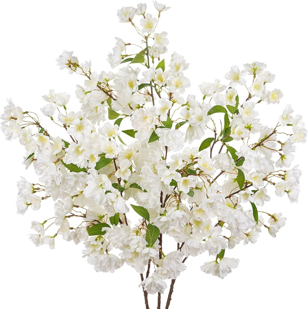 Artificial Cherry Blossom Branches 41” 3 Pc Faux Cherry Flowers White Fake Silk Flowers Artificial for Decoration Spring Peach Bouquet Table Centerpiece Decor Vase Home Wedding Kitchen Party Garden | Amazon (US)