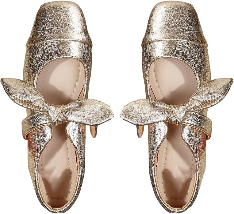 GORGLITTER Women's Gold Closed Toe Flat Sandals Dressy Square Toe Bow Metallic Ballet Flats Sanda... | Amazon (US)