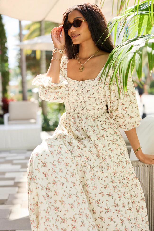 Thalia Neutral Floral Smocked Top Dress | Pink Lily