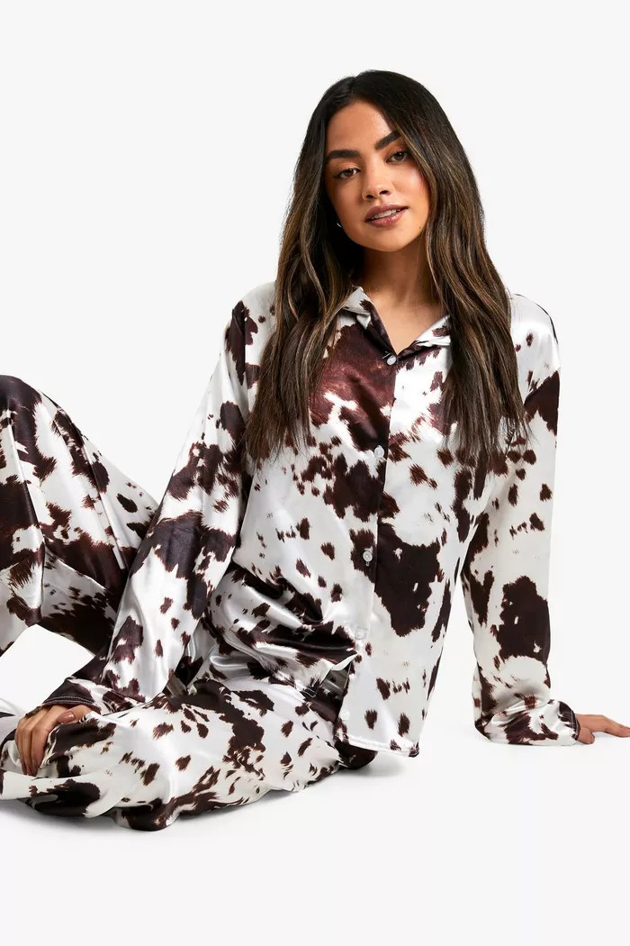 Satin Cow Print Pajama Long Sleeve Shirt Pants Set | boohoo (US & Canada)