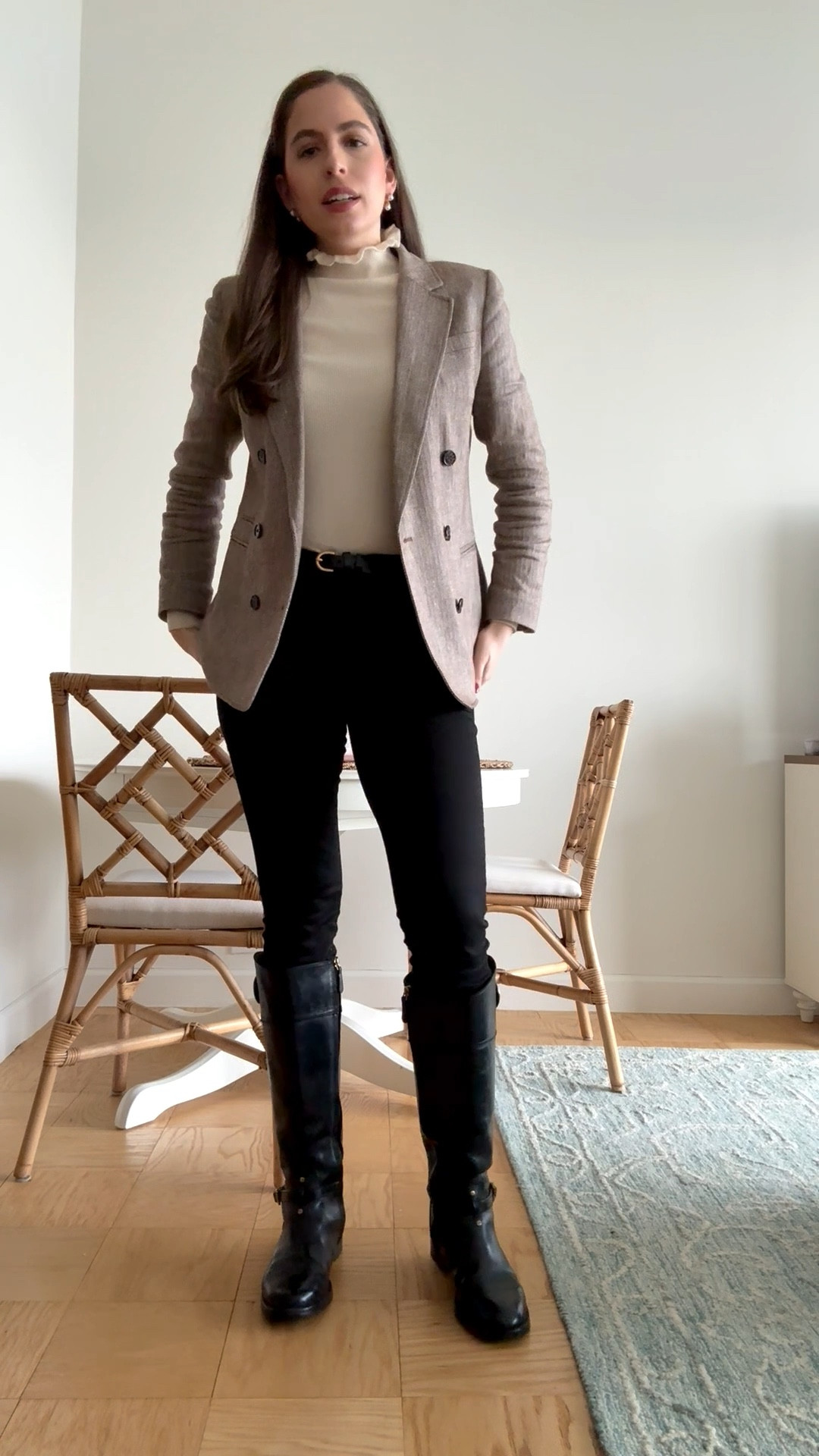 Winter outfit, casual winter outfit, double breasted blazer, turtleneck, cream turtleneck, ruffle turtleneck, herringbone blazer, tweed blazer, black skinny jeans, black riding boots, winter nyc, nyc, nyc outfit, nyc winter outfit 

#LTKSeasonal #LTKootd #LTKFindsUnder100