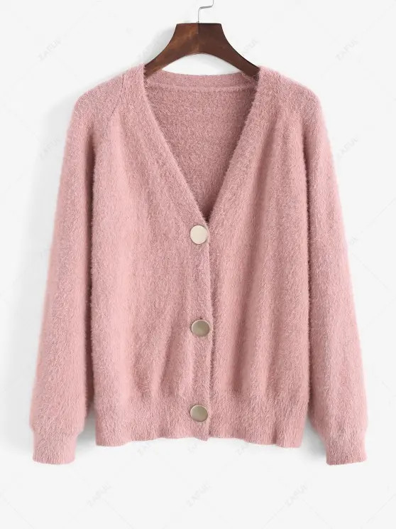 Solid Button Up Fuzzy V Neck Cardigan   LIGHT PINK | ZAFUL (Global)
