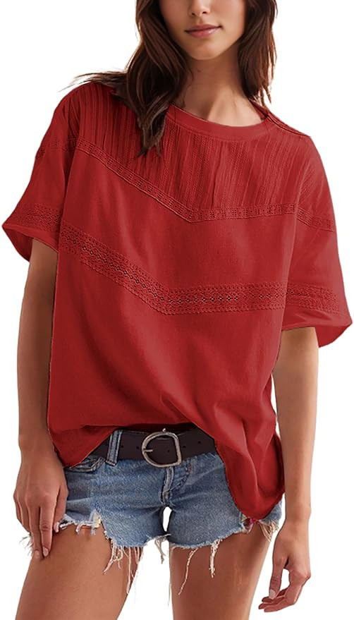 Yidarer Women Summer Oversized Lace Cotton Tops Crew Neck Short Sleeve Cute Shirts Casual Boho Cr... | Amazon (US)