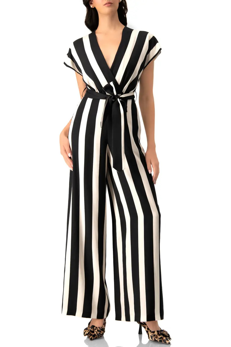 Striped V-Neck Jumpsuit with Waist Tie (Women) | Nordstrom | Nordstrom