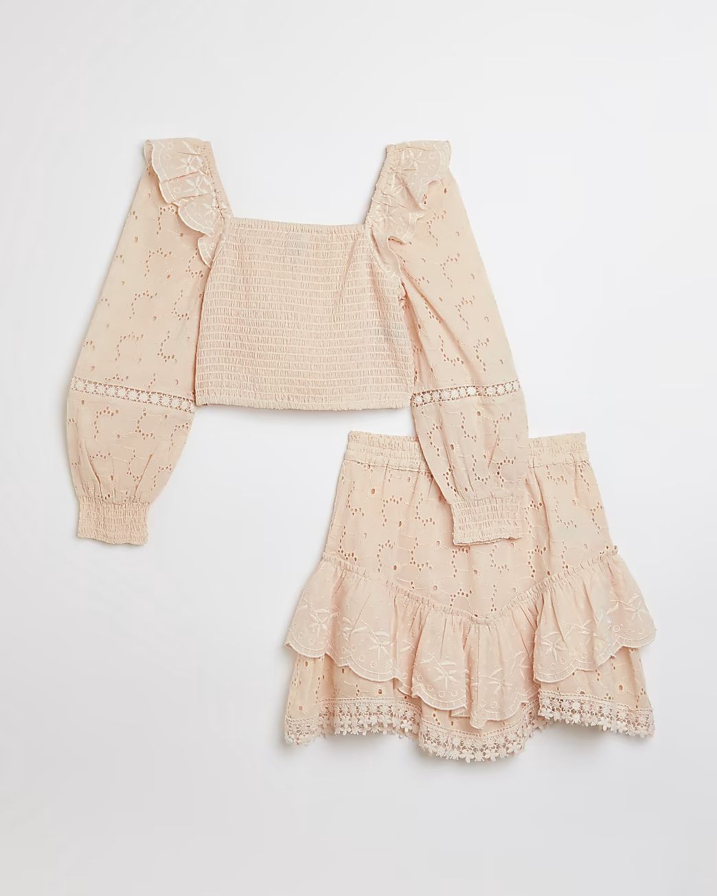 Girls pink shirred broderie outfit | River Island (UK & IE)