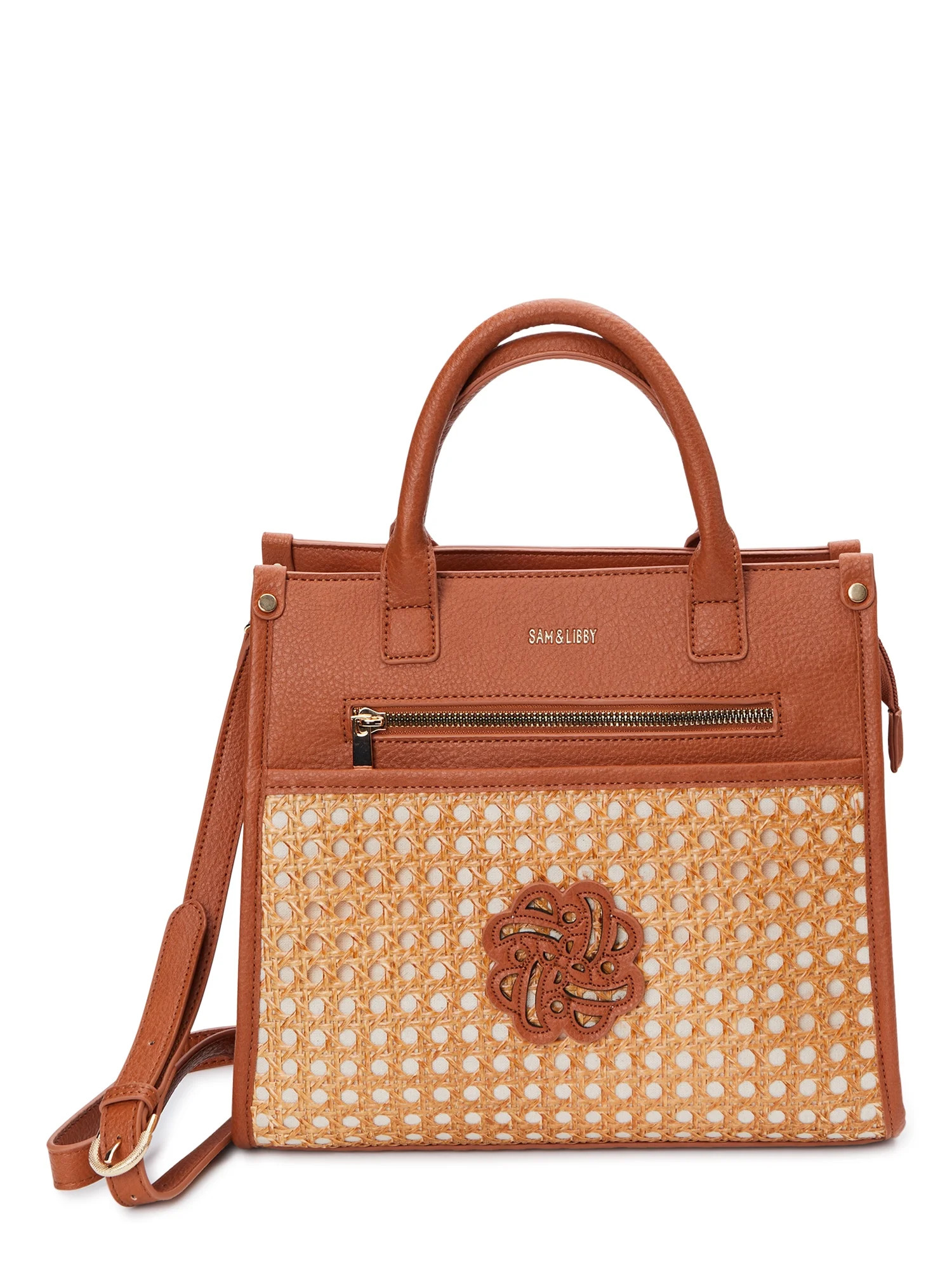 Sam & Libby Women’s Shani Basket Weave Satchel Handbag, Cognac | Walmart (US)