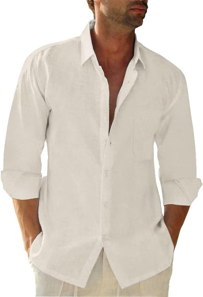 Button Down Linen Shirts for Men Casual Long Sleeve Regular Fit Cotton Beach Shirts with Pocket | Amazon (US)