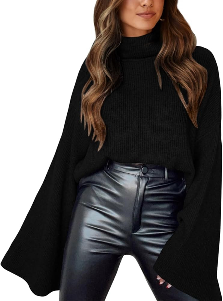 BTFBM Women's Turtleneck Pullover Sweaters 2024 Fall Winter Bell Long Sleeve Slouchy Oversized Ri... | Amazon (US)