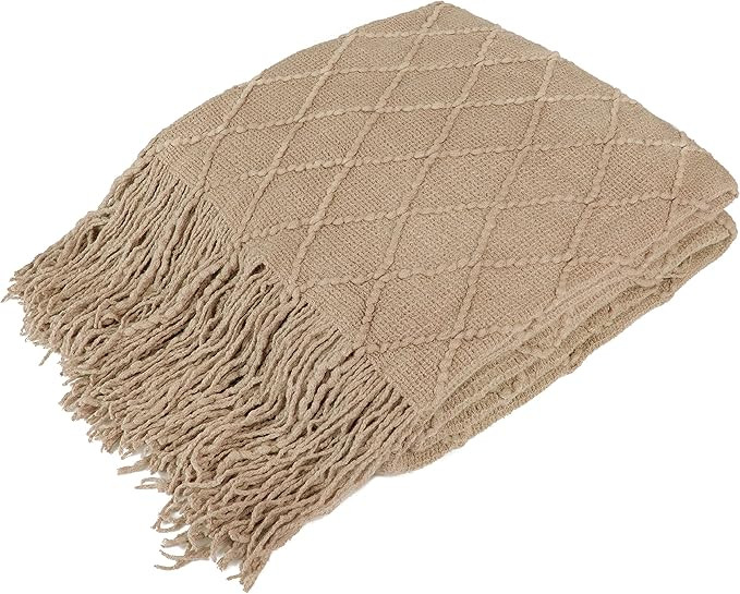 Amazon.com: PAVILIA Knitted Throw Blanket Fringe Tan Taupe Beige Camel | Decorative Tassel Boho F... | Amazon (US)