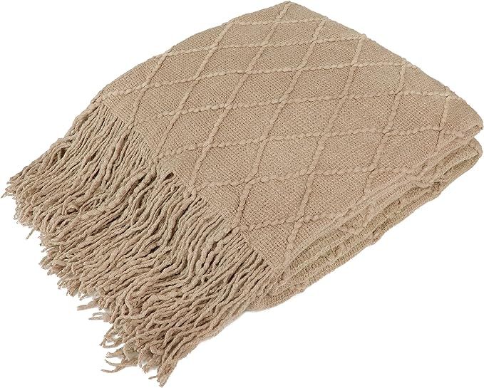 Amazon.com: PAVILIA Knitted Throw Blanket Fringe Tan Taupe Beige Camel | Decorative Tassel Boho F... | Amazon (US)