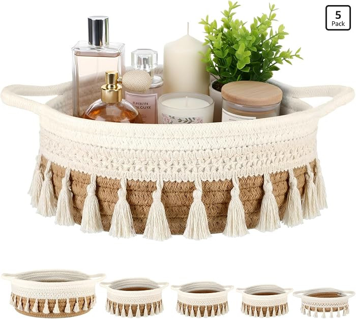 LemonRoad 5 Pcs Round Hand Woven Storage Basket with Handle Multi-size Cotton Rope Small Containe... | Amazon (US)