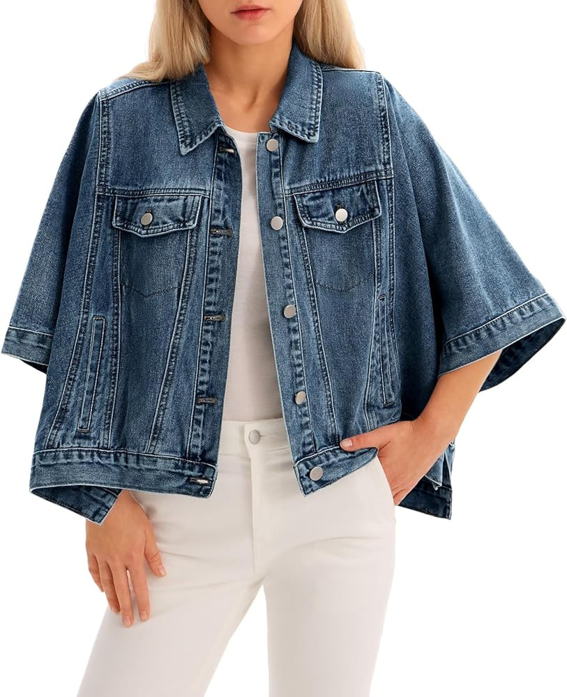 Tankaneo Womens Jean Jacket Oversized Cropped Short Sleeve Cotton Denim Jacket Fall Trendy Cape O... | Amazon (US)