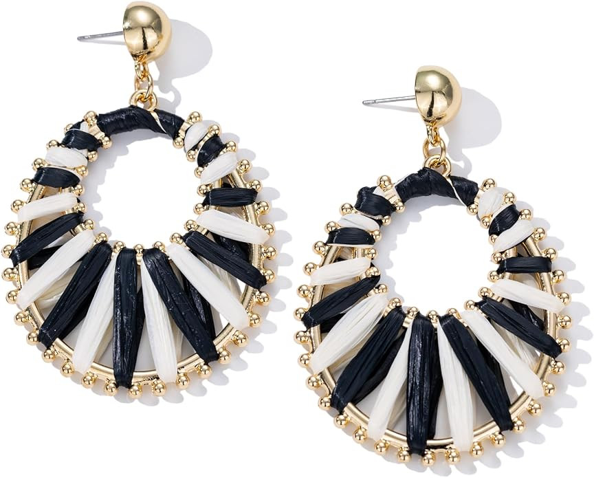 Gold Raffia Earrings Boho Summer Beach Jewelry Trendy Statement Dangle Drop Earrings for Women | Amazon (US)