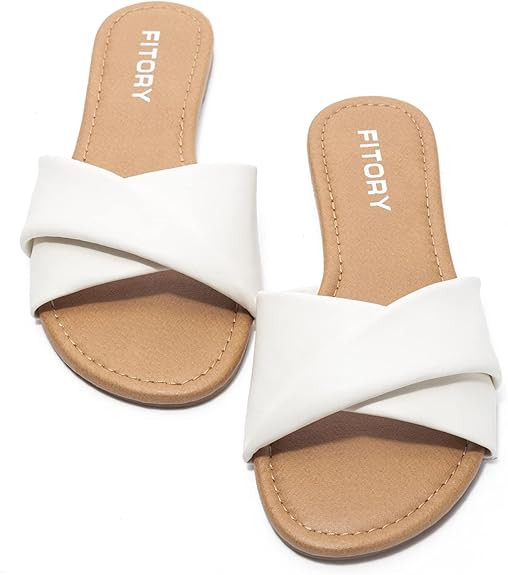 Amazon.com | FITORY Women's Flat Sandals Fashion Slides With Soft Leather Slippers for Summer Whi... | Amazon (US)
