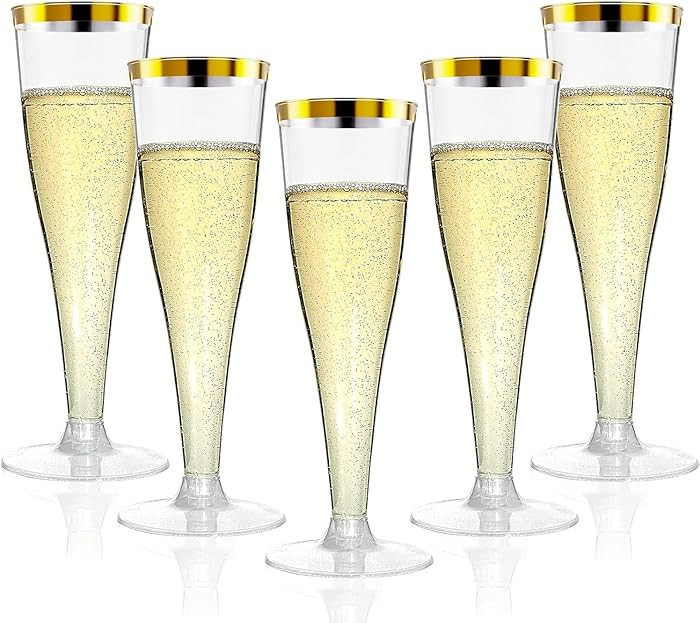 20 Pack Champagne Flutes Plastic Wine Glasses Disposable, 4.5 Oz Gold Rim Mimosa Glasses for 2026... | Amazon (US)