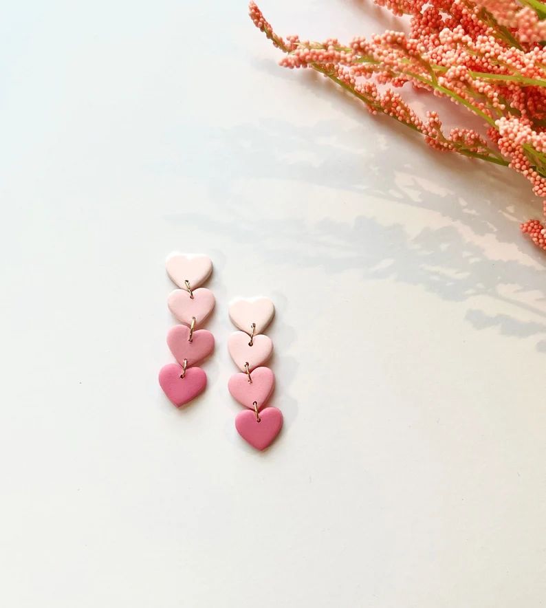 Pink Dainty Heart Dangles, Lightweight and Handmade Polymer Clay Valentine's Day Earrings | Etsy (US)