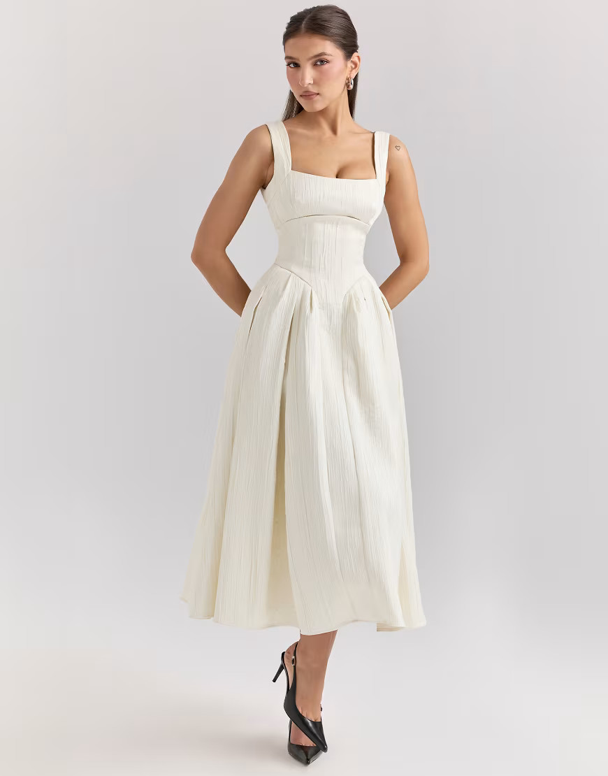House of CB Isabeau textured satin corset midi dress in ivory-White | ASOS (Global)