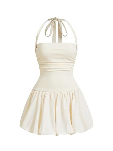 SOLY HUX Women's Bubble Mini Dress Halter Backless Ruched Y2K Club Party Short Sundress with Built-in Shorts Solid Yellow Medium | Amazon (US)