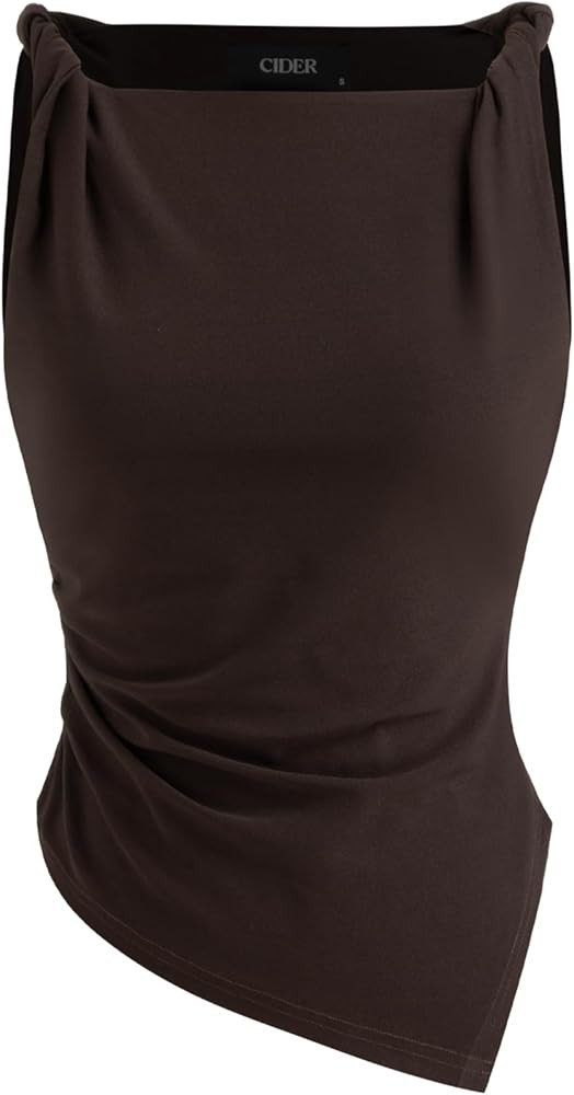 CIDER Tank Tops for Women Boat Neck Asymmetrical Ruched Slim Fitted Sleeveless Top Jersey Going O... | Amazon (US)