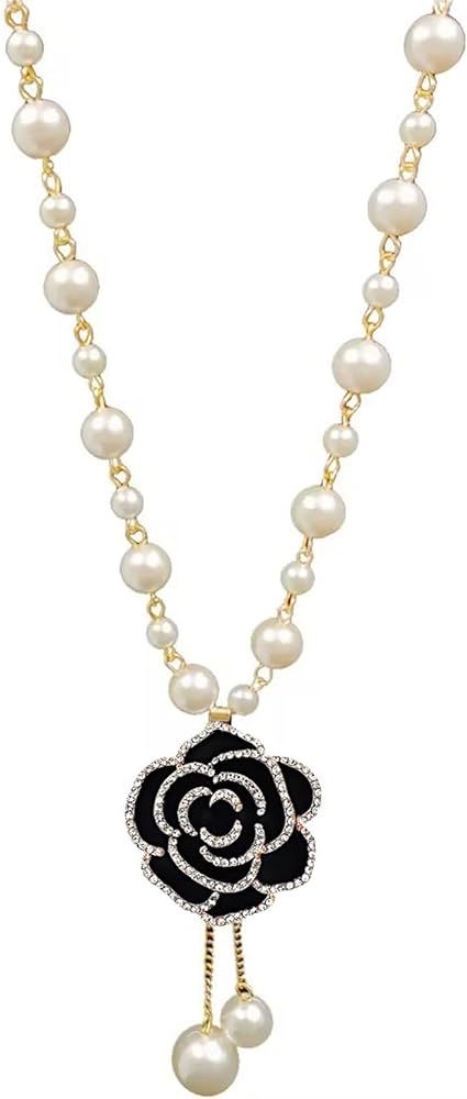 Fashion Rhinestone Black Rose Pearl Necklace ，Long Pendant Necklace for Women ，Vintage Costum... | Amazon (US)