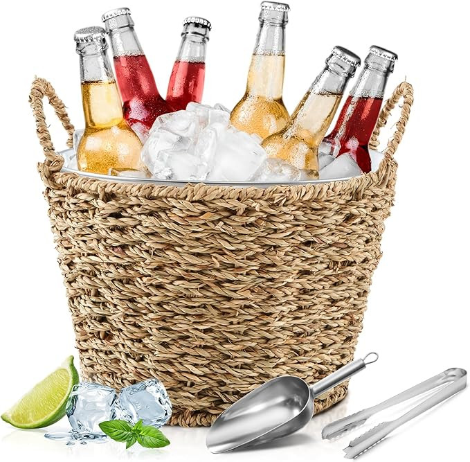 5 Quart Ice Bucket with Wicker Outer Basket, Scoop, Tong and Handle, Beverage Tub Grass Rope Wove... | Amazon (US)