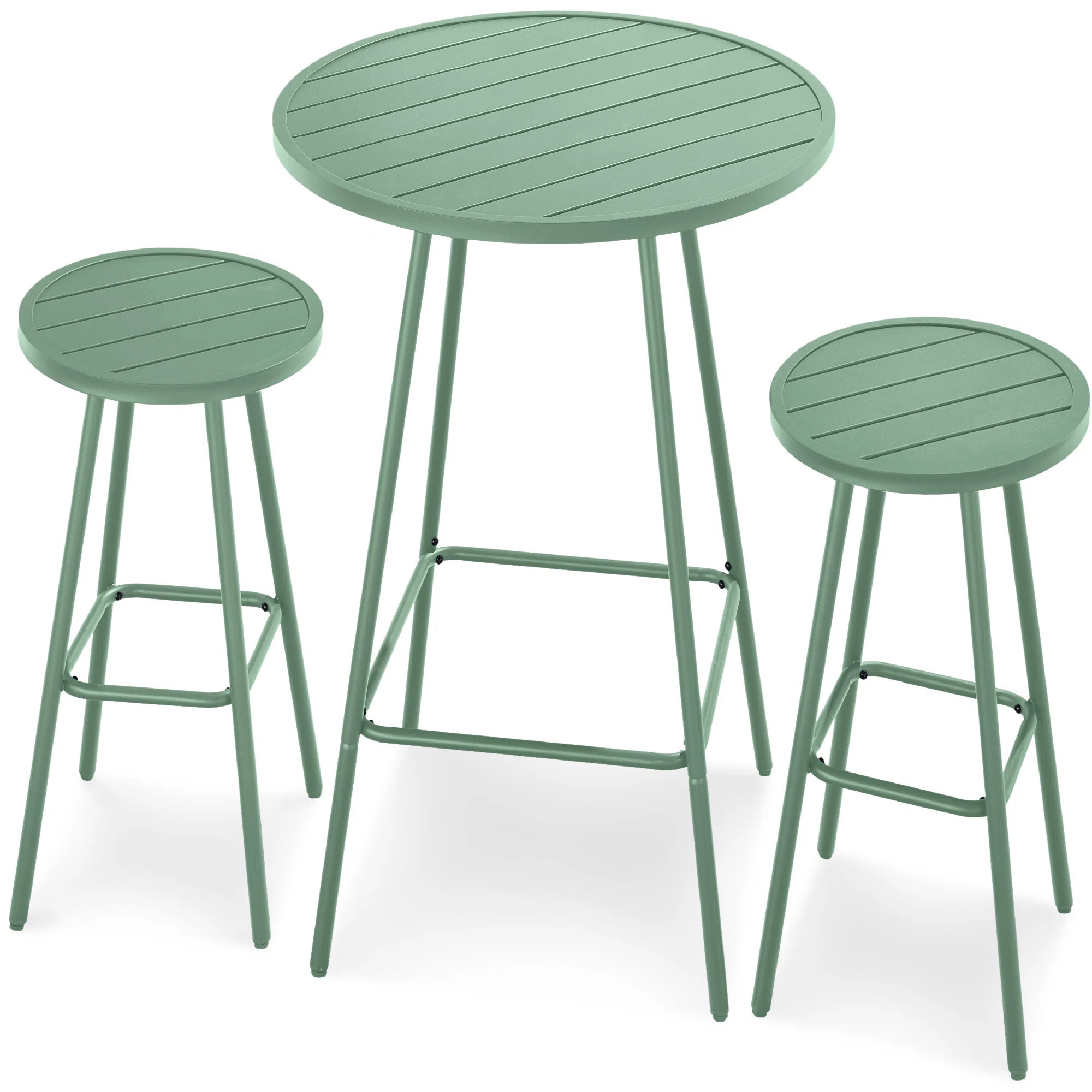 3-Piece Steel Patio Bar Height Round Bistro Set W/ Backless Stools, Slatted Design | Wayfair North America