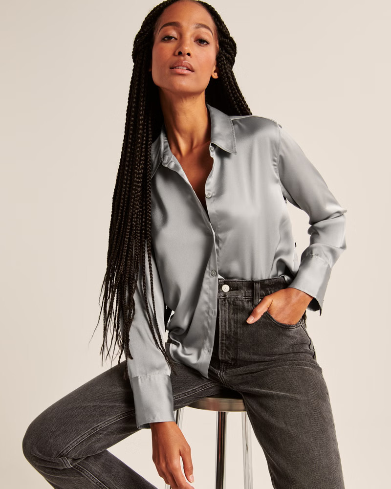 Long-Sleeve Satin Button-Up Shirt | Abercrombie & Fitch (US)