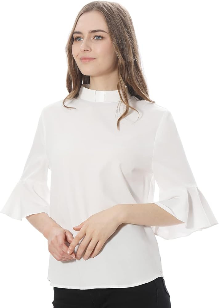 Womens Church Clergy Shirt Tab Collar 3/4 Ruffle Flare Sleeve Round Tailed Blouse Top | Amazon (US)