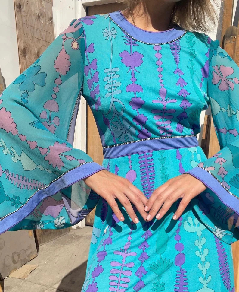 1960’s Designer Saks Fifth Avenue Connoisseur Suite Aqua and Purple Psyche Print Angel Sleeve S... | Etsy (US)