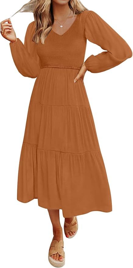 MEROKEETY Women's 2023 Casual Long Sleeve Smocked Dress V Neck High Waist Ruffle Tiered Midi Dres... | Amazon (US)