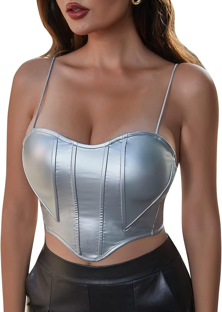 Mebius Womens Corset Tops Leather Bustier Crop Top Spaghetti Strap Sweetheart Neckline Cute Going... | Amazon (US)