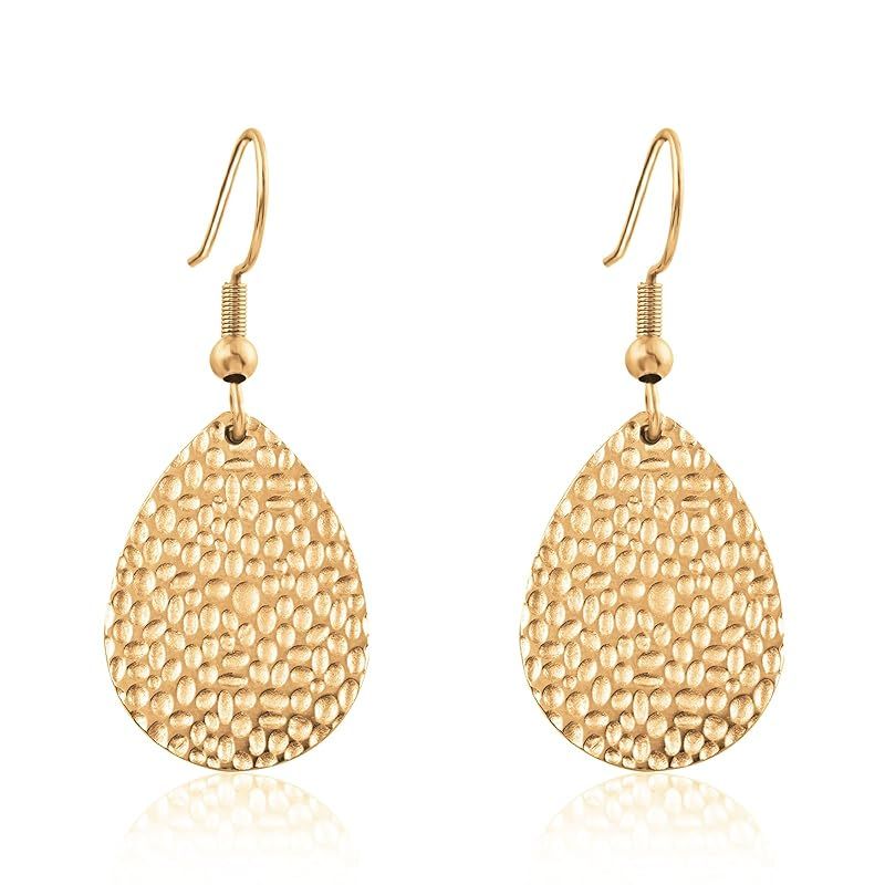 Gold Teardrop Drop Dangle Earrings for Women Hypoallergenic Handmade Hammered Gold Earrings for S... | Amazon (US)