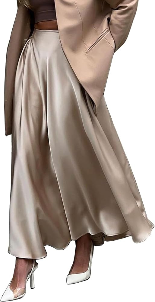 Womens Satin High Waist Elastic Midi Skirt Satin Maxi Skirt Silk Elegant Long Trendy A-Line Midi ... | Amazon (US)