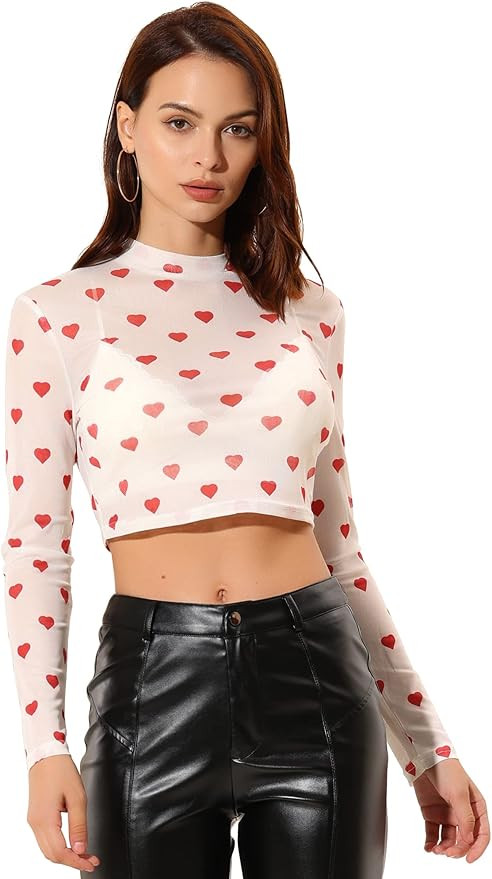 Allegra K Women's Semi-Sheer Sexy Blouse Heart Print Crop Tops Cocktail Party Mesh Top | Amazon (US)