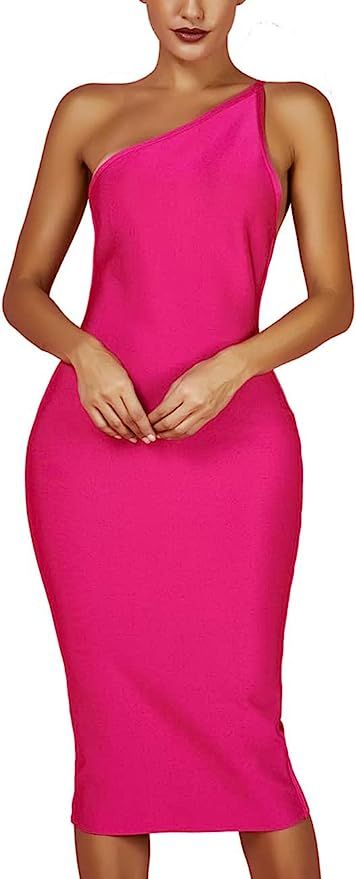 whoinshop Women's One Shoulder Bandage Evening Midi Cocktail Party Dress | Amazon (US)